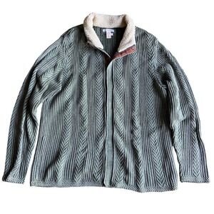 Carbon2Cobalt Cable Knit Sweater Jacket L Sherpa Collar Full Zip Olive Cotton